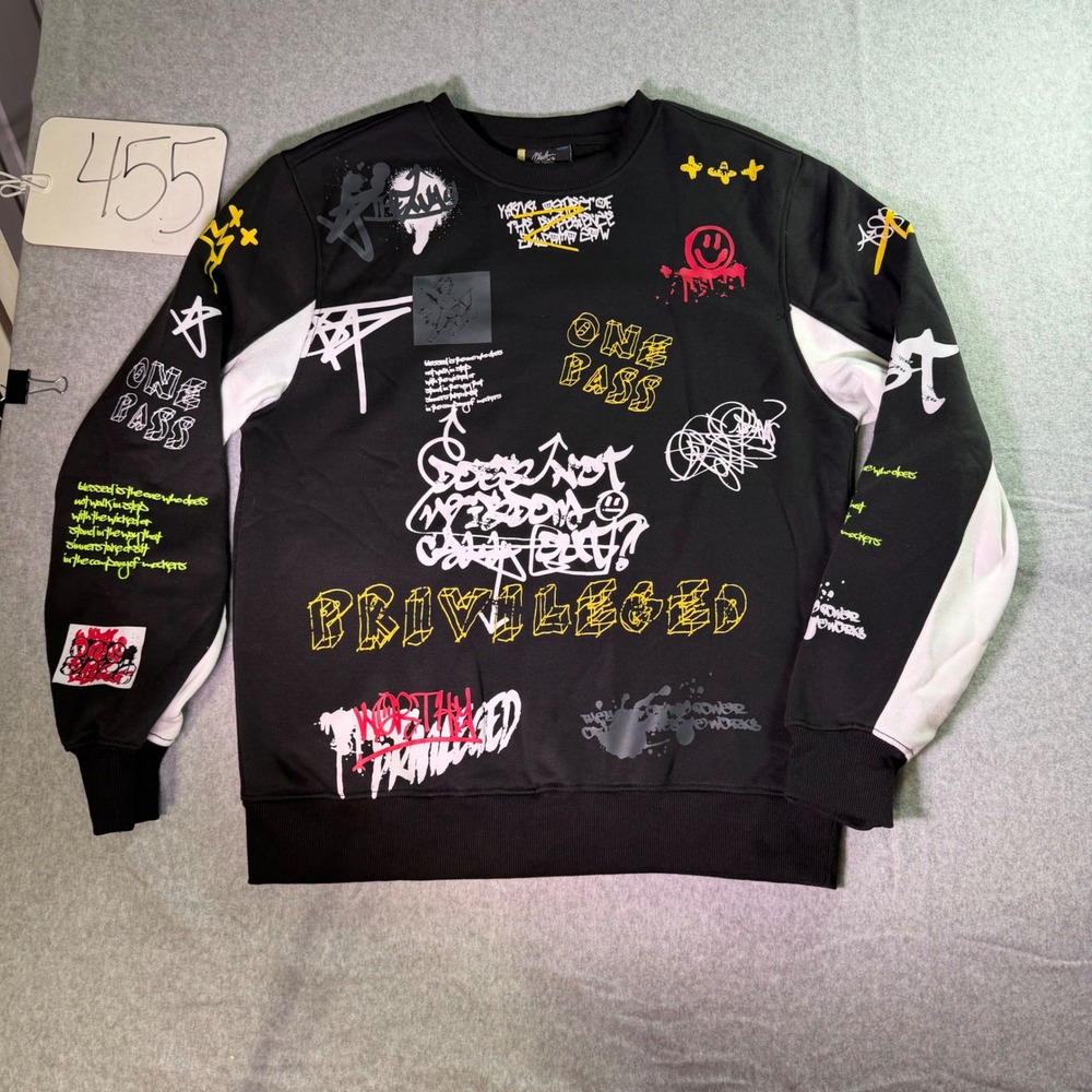 Bleecker & Mercer Mens Graffiti Graphic Sweatshirt Black White Streetwear Medium
